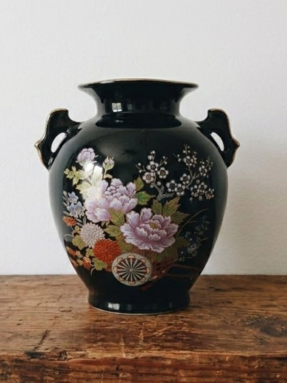 Vintage Fine China Japanese Vase Black Floral Chinoiserie Style Gold Trim MCM